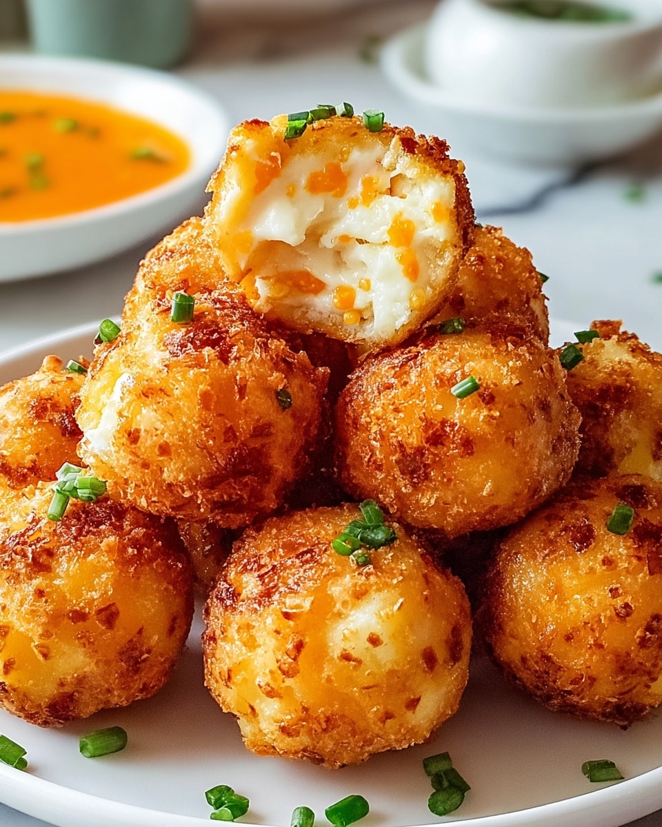 A pile of golden brown fried balls stacked on a white plate, each ball showing a crispy, textured outer layer. One ball is cut open at the top center, revealing a creamy white inside with small bits of orange pieces mixed throughout. Small green chopped herbs are scattered on top of the balls and around the plate. The background shows a white marbled surface with a blurred white bowl holding an orange sauce. Photo taken with an iphone --ar 4:5 --v 7