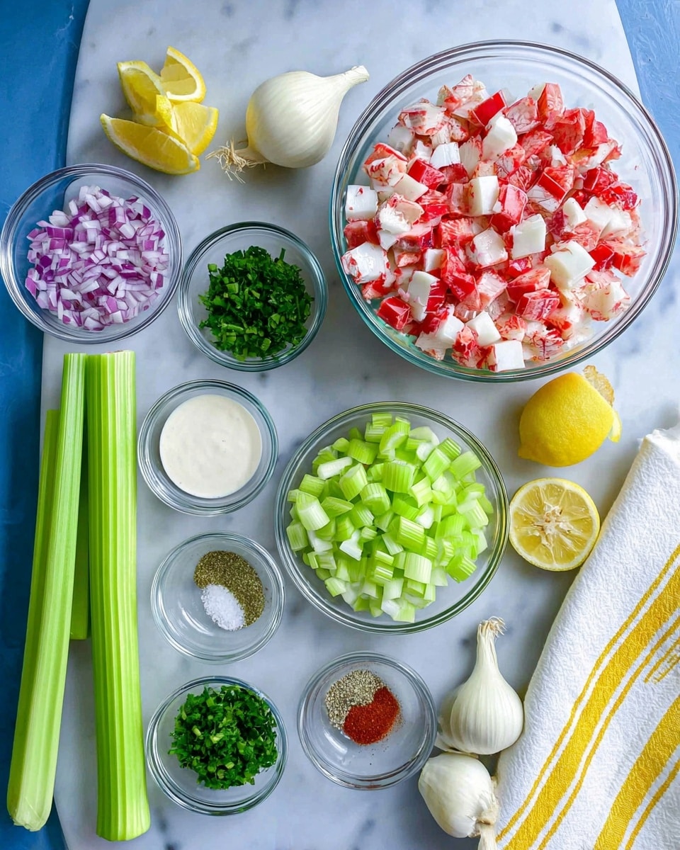 The image shows a top view of various ingredients placed on a white marbled surface. At the center, there is a large clear glass bowl filled with red and white cubed pieces that look like imitation crab meat. Below it is a smaller clear bowl with light green chopped celery. To the left are two whole celery stalks. Surrounding these are small clear bowls with chopped purple onions, chopped green onions, finely chopped green herbs, white creamy sauce, and small amounts of white salt, white powder, black pepper, and reddish spices. There are two lemon halves placed near the bowls, and a white cloth with yellow stripes is folded on the right side, next to some whole green onions and a peeled shallot. All ingredients are neatly arranged on the clean, bright surface. Photo taken with an iphone --ar 4:5 --v 7