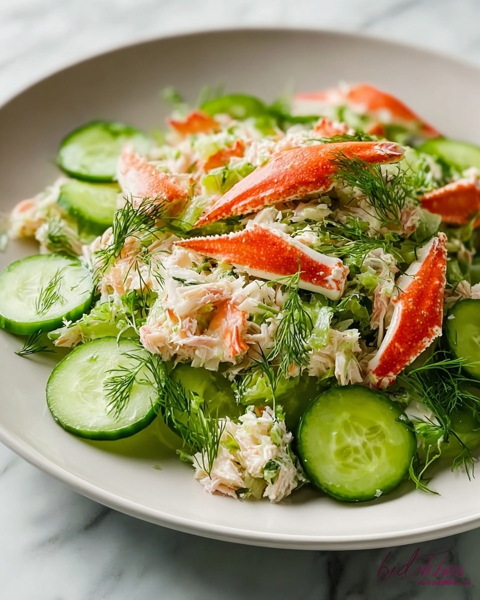 A white plate holds a fresh salad made of three main layers: the base consists of light green cucumber slices with smooth skin and moist flesh, scattered evenly across the plate; the middle layer is white crab meat mixed with small bits of bright green herbs, adding texture and freshness; on top, there are several pieces of orange crab claw shells placed randomly, giving a splash of vibrant color, all set against sprigs of delicate green dill. The plate rests on a white marbled surface. photo taken with an iphone --ar 4:5 --v 7