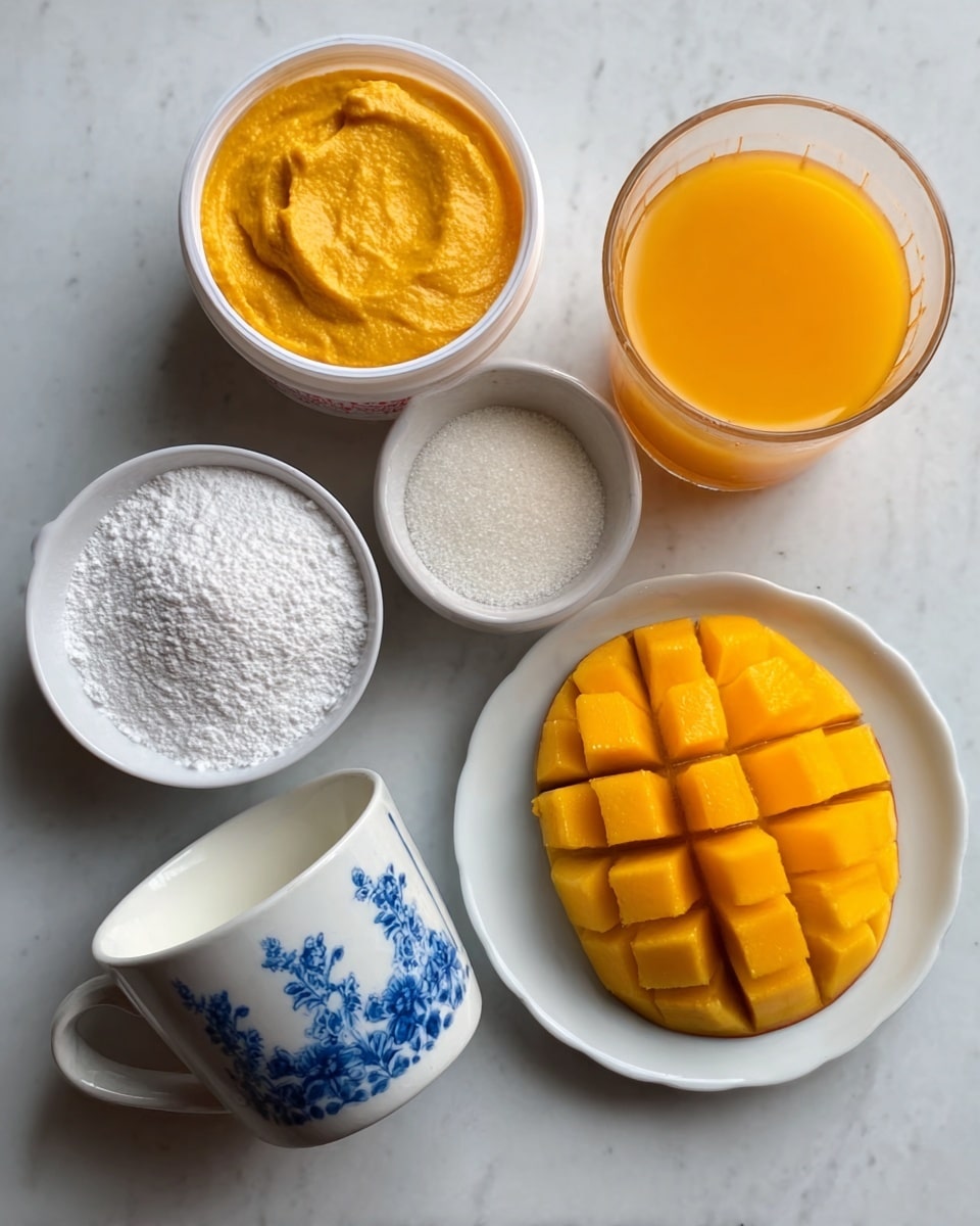 The image shows six ingredients arranged neatly on a white marbled surface. On the top left is a small white container filled with creamy orange paste. Next to it, towards the center top, is a clear glass filled with bright orange juice. On the top right, a white plate holds a peeled mango cut into a grid pattern showing deep yellow-orange cubes. Below the mango, in the lower middle, there is a white bowl with fine white powder, and to its right, a smaller white bowl with a white granular substance. On the bottom left, there is a white cup with a blue floral pattern filled with a white liquid. photo taken with an iphone --ar 4:5 --v 7