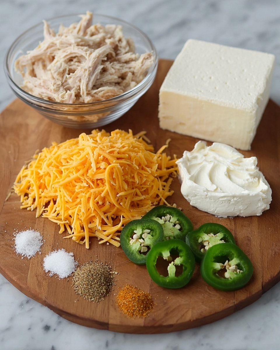 A wooden board with a clear glass bowl of shredded light-colored chicken pieces on the top left. Next to it on the right is a dollop of white cream cheese and a large block of cream cheese behind it. In front of the block and cream cheese is a large pile of orange shredded cheddar cheese. Below the bowl and cheeses are several round slices of green jalapeño peppers with visible seeds. At the bottom left of the board are three small piles of spices in a row: white salt, light brown seasoning, and a darker brown spice. The surface is a white marbled texture. Photo taken with an iphone --ar 4:5 --v 7