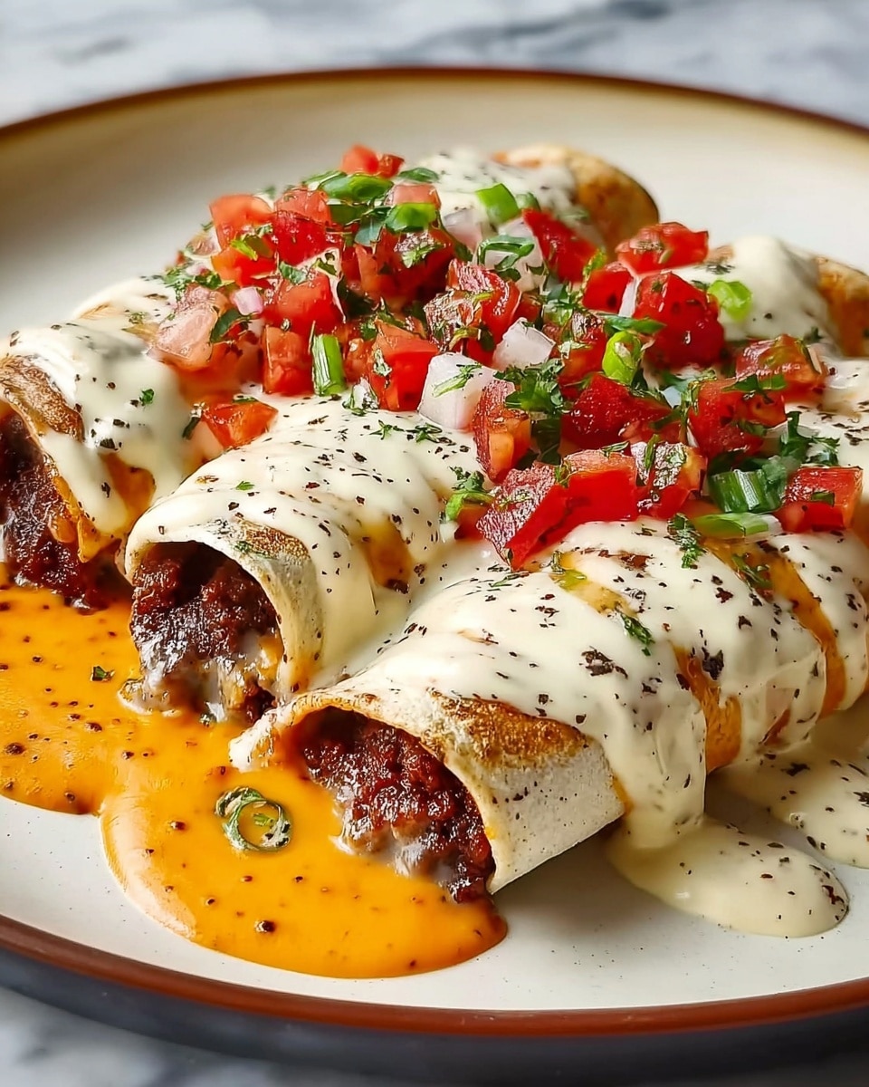 Three rolled tortillas filled with dark brown cooked meat are placed side by side on a white plate. Each tortilla is covered with a thick layer of creamy white sauce dotted with black pepper, and on top of that, there is a bright orange sauce that flows down the sides. The dish is garnished with chopped red tomatoes, green herbs, and small pieces of green onions on top. The plate rests on a white marbled surface photo taken with an iphone --ar 4:5 --v 7