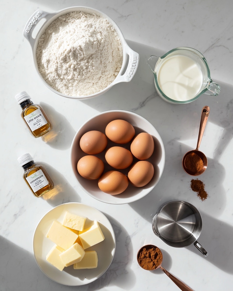 The image shows an arrangement of baking ingredients on a white marbled surface. In the center is a white bowl filled with seven brown eggs, smooth and uniform in color. To the top left, there is a white bowl with a handle, filled halfway with white flour that looks soft and powdery. Next to it, a clear glass measuring cup holds white milk, smooth and creamy. Below the flour bowl is a small white plate with several yellow butter cubes, solid and neat. On the right side, two small glass bottles, one labeled vanilla extract and the other cinnamon, stand upright. Two copper measuring spoons filled with brown cinnamon powder rest at the bottom near a stainless steel measuring cup. The whole setup is clean, simple, and bright, with shadows adding depth. Photo taken with an iphone --ar 4:5 --v 7
