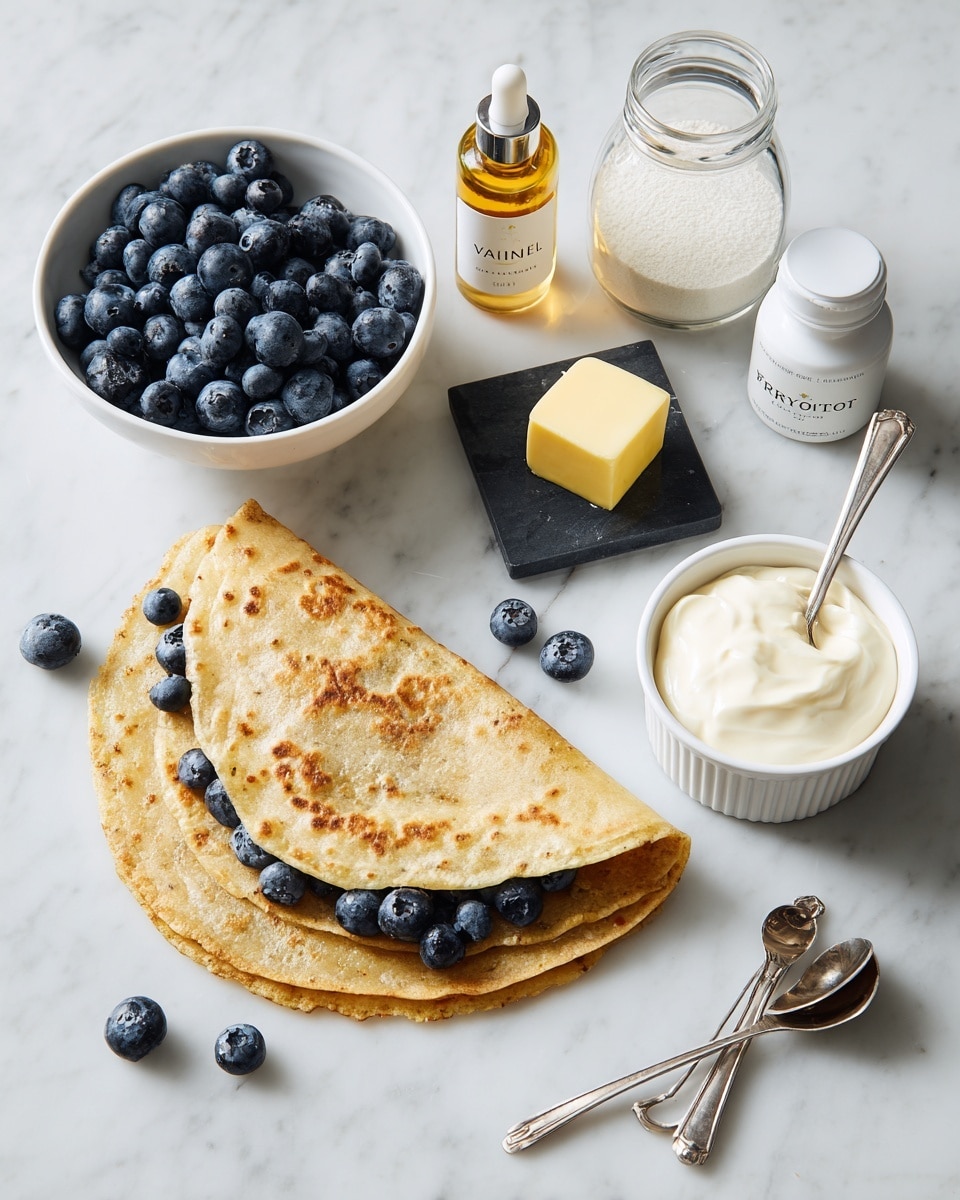 Two folded golden brown flatbreads lie on a white marbled surface, partly open showing fresh, plump blueberries inside and scattered around them. To the left, there is a white bowl filled with fresh blueberries. Above the flatbreads, a small square black stone plate holds a small melting yellow butter pat. Next to it, a clear bottle with a dropper labeled