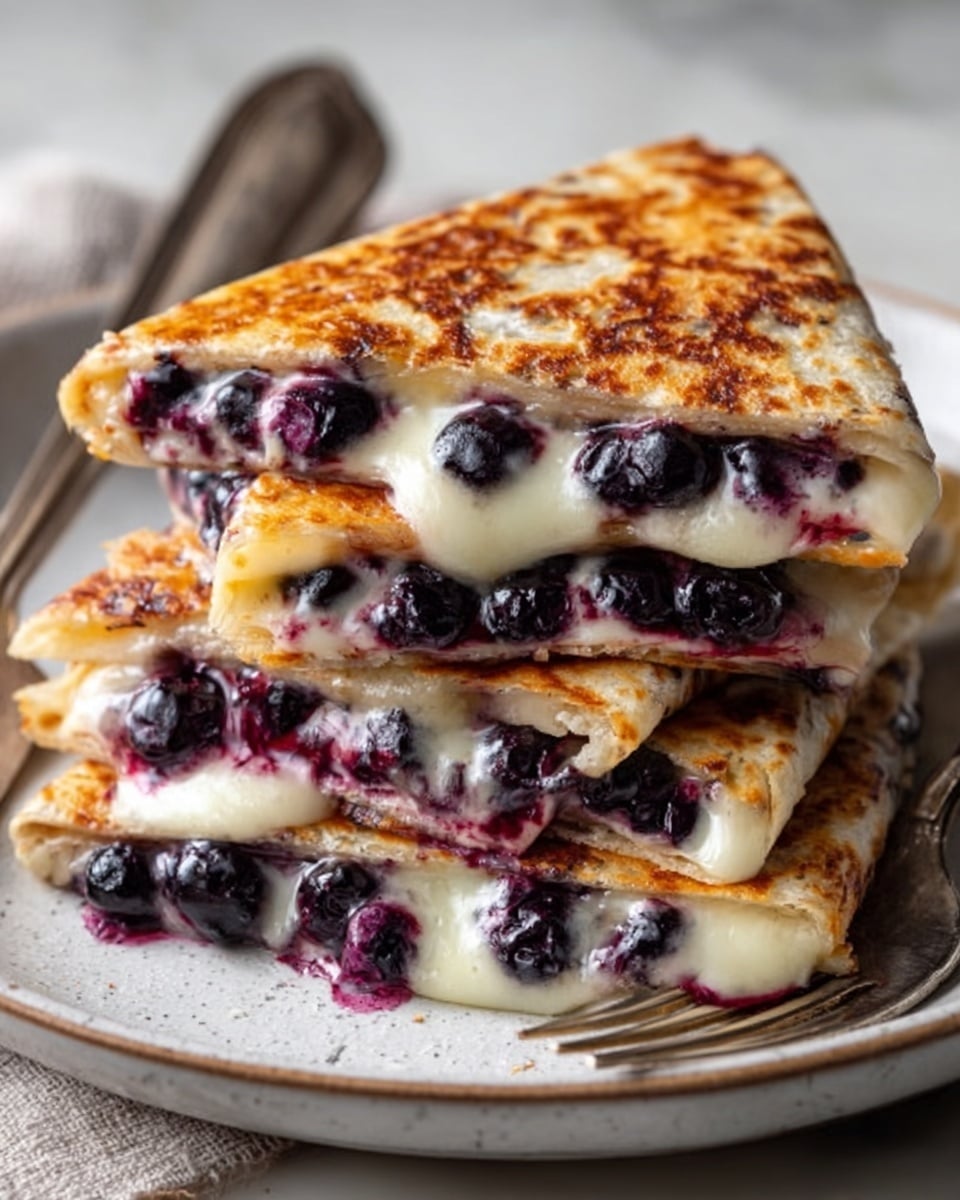 The image shows a stack of four folded quesadilla slices on a round white plate, placed on a white marbled surface. Each quesadilla slice has a golden-brown grilled crust with melted white cheese oozing out. Inside, there are whole dark purple blueberries spread evenly between the layers of cheese and tortilla. The quesadillas are stacked in a slightly uneven way, showing the gooey filling inside each slice, with a silver fork resting next to the stack. The lighting highlights the crispy texture of the tortilla and the shiny, juicy blueberries. photo taken with an iphone --ar 4:5 --v 7
