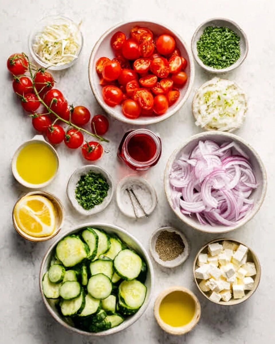 The image shows a white marbled surface with several white bowls arranged neatly. In the top center, a bowl is filled with halved bright red cherry tomatoes next to a small bunch of cherry tomatoes on the vine. Below it, there is a bowl with fresh green cucumber pieces cut into thick slices. To the right, a bowl contains thin, light purple onion rings. Above that, a small bowl holds finely chopped green herbs, and next to it, a small jar contains red liquid. Scattered around are small bowls with yellow lemon slices, white cubes of cheese, a bowl with crushed garlic, some olive oil in a small bowl, and small piles of coarse salt and ground pepper. A woman's hand is holding a small bowl of chopped herbs on the side. photo taken with an iphone --ar 4:5 --v 7