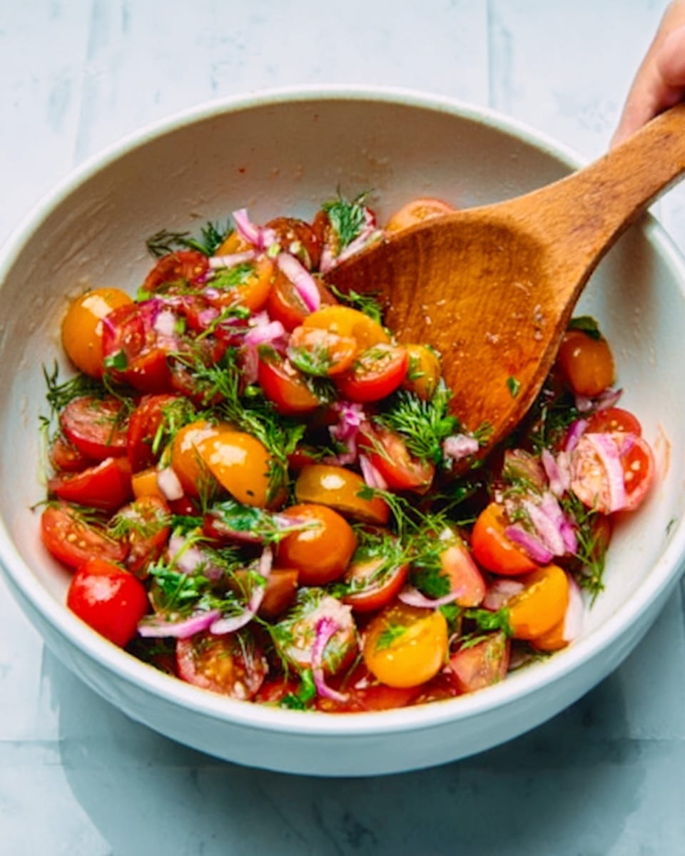 A white bowl filled with a fresh tomato salad showing two layers; the bottom layer is made of bright red and yellow cherry tomatoes, some whole and some sliced in halves and quarters, displaying smooth and shiny skin. The top layer consists of green leafy herbs like dill and parsley, thin slices of red onion, and small green herbs scattered evenly throughout. A wooden spoon is placed inside the bowl with a woman's hand holding it, mixing the ingredients gently. The bowl is sitting on a white marbled surface. Photo taken with an iphone --ar 4:5 --v 7