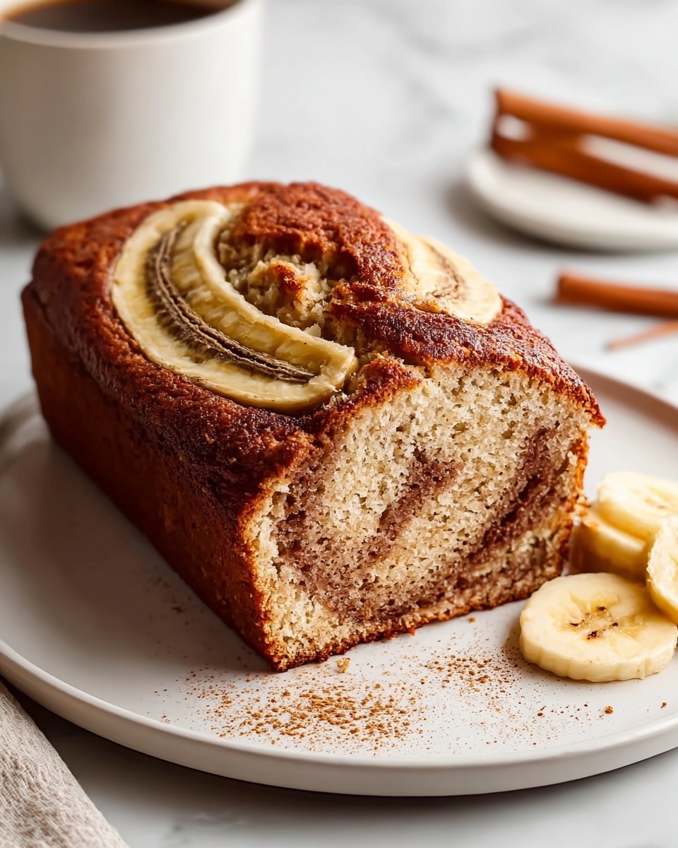 A loaf of banana bread sits on a white plate with a few slices of banana beside it. The bread has a golden brown crust with a soft, light tan inside that shows a swirl of darker brown cinnamon running through it. On top, there are a few banana slices baked into the crust, browned but still visible. Some cinnamon powder is sprinkled lightly around the plate. The background shows a white marbled surface with a cup of coffee and cinnamon sticks out of focus behind the plate. photo taken with an iphone --ar 4:5 --v 7