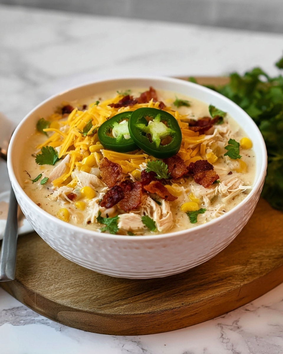 A white bowl with texture holds a creamy soup filled with shredded light beige chicken and small pieces of yellow corn, mixed with light beans. The soup is topped with bright yellow shredded cheese, crispy brown bacon bits, fresh green cilantro leaves, and two green jalapeño slices on top. The bowl is placed on a round wooden board over a white marbled surface. Photo taken with an iphone --ar 4:5 --v 7