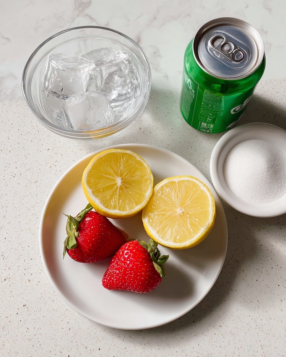 A white plate holds two red strawberries with green leaves on the bottom and two lemon halves with bright yellow skin and seeds showing on the top. To the right of the plate, there is a small white bowl filled with white granulated sugar, a clear glass bowl with large clear ice cubes, and a green soda can with an open tab. All items are placed on a white marbled surface. photo taken with an iphone --ar 4:5 --v 7