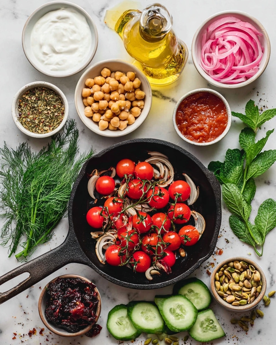 A black skillet in the center holds bright red cherry tomatoes on the vine, scattered with cooked thin onion slices, all resting on a white marbled surface. Surrounding the skillet are small white bowls filled respectively with creamy white yogurt, pink-colored pickled onion strips, a yellow liquid bottle of olive oil, a rich red sauce, beige chickpeas, shelled brown pistachios, pine nuts, sliced green cucumbers, a dark purple olive tapenade, and dried herbs. Fresh green mint and dill leaves are placed around and between the bowls, adding natural color to the vibrant and varied ingredients arranged neatly in a flat lay. Photo taken with an iphone --ar 4:5 --v 7