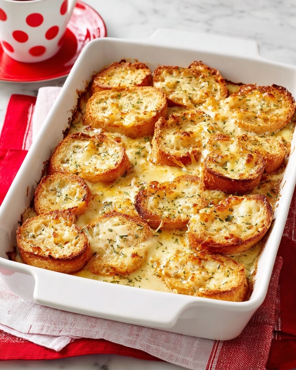 A white rectangular baking dish filled with a baked dish showing two layers: the bottom layer appears to be creamy with herbs mixed in, creamy pale yellow with green flecks, while the top layer consists of multiple slices of toasted bread arranged closely, golden brown around the edges and topped with melted cheese, which is light brown and bubbly with a slightly crispy texture. The dish is placed on a white marbled surface with red and white cloths underneath, and in the background, there is a white cup with red spots and a red saucer. Photo taken with an iphone --ar 4:5 --v 7