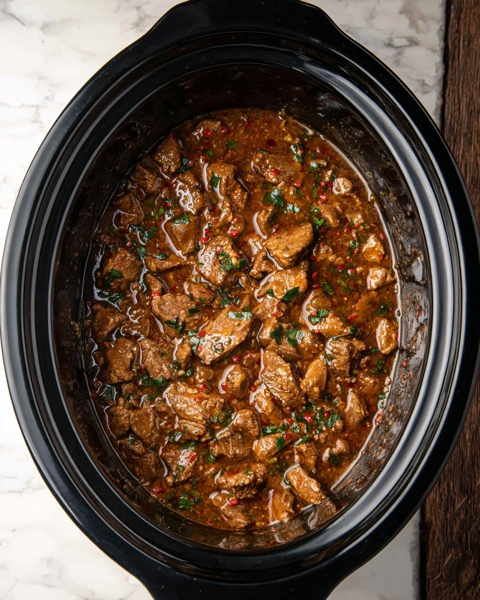 A black slow cooker filled with a stew made of small brown pieces of meat, lightly covered in a shiny, thick brown sauce with hints of green herbs and small bits of red chili scattered throughout, sitting on a white marbled surface. The stew layers appear soft and tender, fully coated in the sauce, filling the slow cooker evenly with a rich, warm texture photo taken with an iphone --ar 4:5 --v 7