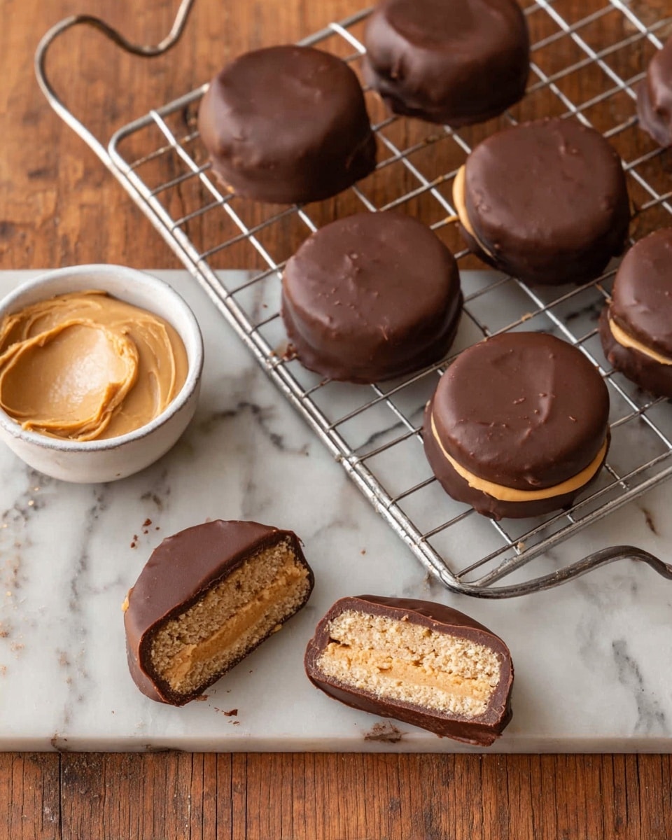 The image shows seven round chocolate-covered treats placed on a wire rack and a brown wooden surface with a white marbled texture, with two of the treats being cut in half to show the inside layers. Each treat has three layers: a dark smooth chocolate outer layer, a light tan middle layer that looks like peanut butter, and a light beige crunchy-looking bottom layer. The two halves reveal the peanut butter layer sitting between the thick chocolate coating and the base layer. A small white bowl filled with creamy peanut butter is placed near the treats. The wire rack is silver and rectangular with a handle. photo taken with an iphone --ar 4:5 --v 7
