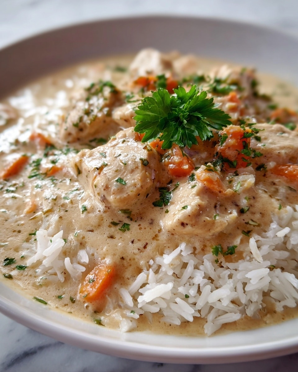 This image shows a close-up of a dish with two main layers. The bottom layer is white rice with fine individual grains. The top layer is a creamy beige sauce with pieces of light brown cooked chicken and small slices of orange carrots mixed in. The sauce has a smooth texture and is speckled with small green herb pieces, likely parsley, which are also sprinkled on top of the chicken and rice. In the center, a small fresh green parsley leaf sits on top as a garnish. The dish is served on a white plate with a white marbled surface in the background. photo taken with an iphone --ar 4:5 --v 7
