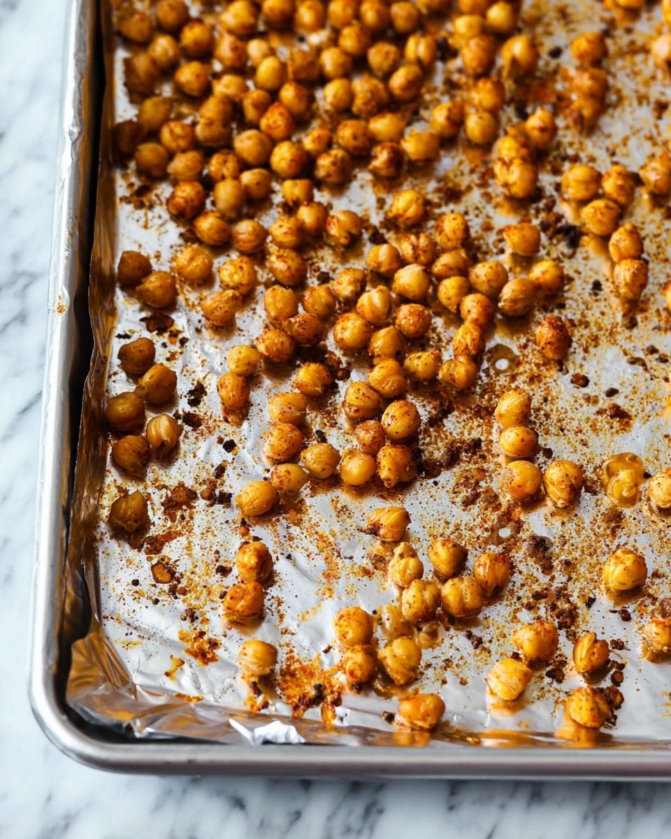 A baking tray covered with silver foil holds a scattered single layer of golden-brown roasted chickpeas. The chickpeas are small, round, and unevenly coated with a spicy seasoning that gives a textured look, and the foil shows browned spots where some chickpeas have stuck slightly. The scene is set on a white marbled surface. photo taken with an iphone --ar 4:5 --v 7