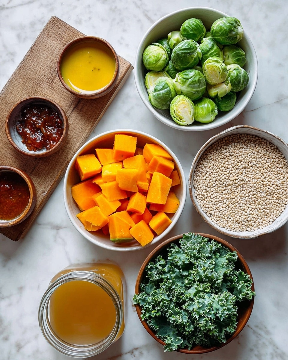 The image shows several bowls with different ingredients placed on a white marbled surface. One white bowl contains green Brussels sprouts, cut in half, with a fresh and leafy look. Another white bowl holds bright orange chunks of butternut squash, cut into medium pieces with a smooth texture. A brown bowl in the center is filled with small, round white quinoa grains, showing a rough but neat texture. Next to it, another brown bowl contains fresh, curly green kale leaves, full and dense with a slightly rough texture. A glass jar filled with light brown broth is placed on the bottom left, clear and shiny. On the top left, a wooden board holds two small round brown bowls; one has a smooth yellow sauce, and the other holds a small amount of thick, dark red paste. photo taken with an iphone --ar 4:5 --v 7