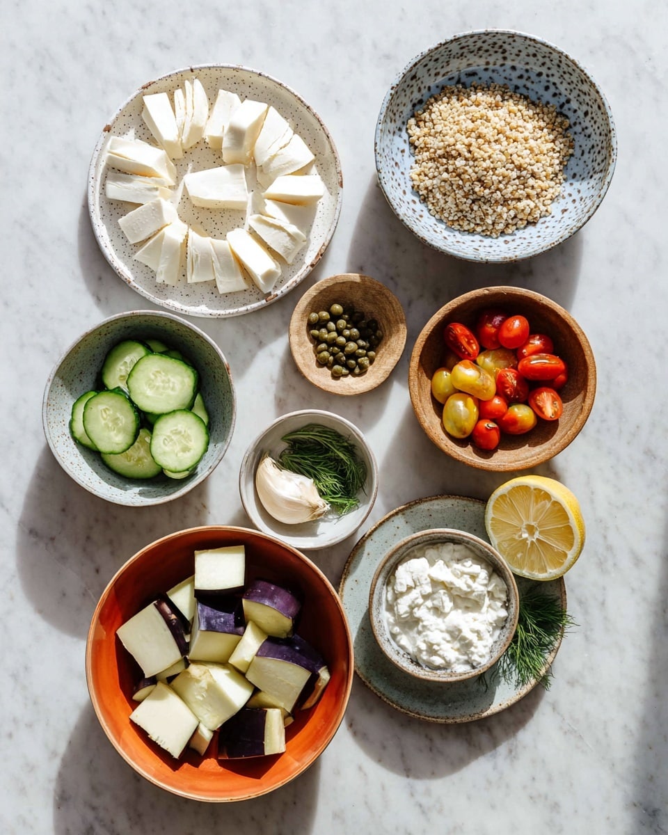 A collection of nine bowls and plates arranged on a white marbled surface, each holding different ingredients: a white plate with several slices of white cheese arranged in a circle; a large orange bowl at the bottom filled with large chunks of pale purple eggplant; a light blue speckled bowl filled with cooked beige grains; a small wooden bowl with bright green cucumber slices; another small wooden bowl with a mix of halved red and yellow cherry tomatoes; a white speckled bowl containing one lemon cut in half and one quarter; a gray plate with a fluffy white cream or yogurt spread; two tiny white bowls, one holding a peeled clove of garlic and the other dark green capers; and a small brown bowl with fresh green dill sprigs. The scene is bright and clear, showing the fresh and varied textures of the ingredients. photo taken with an iphone --ar 4:5 --v 7