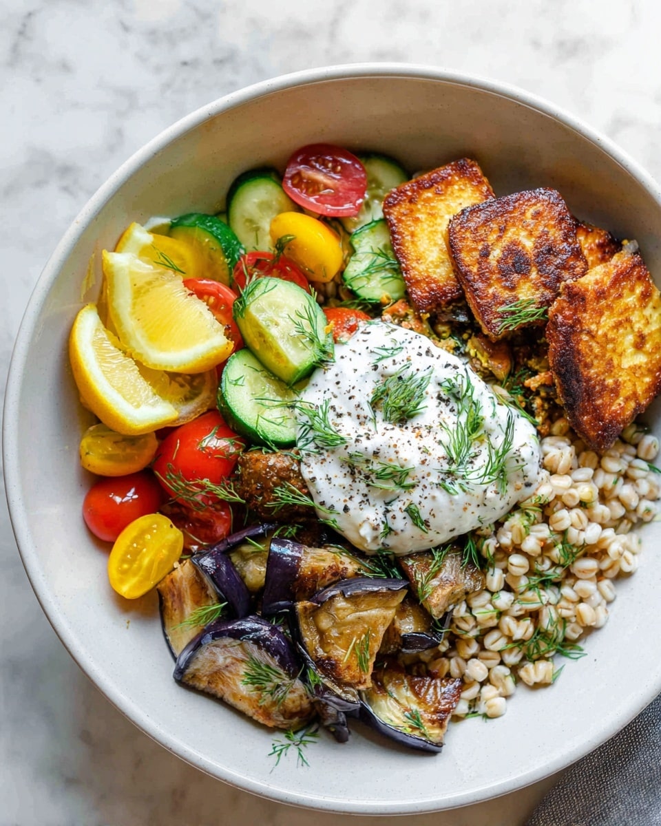 In a white bowl on a white marbled texture, there is a colorful dish with four main layers. The bottom layer is small pieces of cooked barley, light beige in color, spreading across the base. On the right side, there are browned, crispy rectangular slices of fried cheese with a golden crust. Below the cheese, there are dark roasted eggplant cubes with a shiny texture. On the left side, there is a fresh vegetable mix of sliced yellow and red cherry tomatoes, along with round green cucumber slices. Topping the eggplant, in the center, is a dollop of white creamy sauce sprinkled with black pepper and tiny green dill sprigs. Two lemon wedges are placed on the bottom left edge of the bowl. photo taken with an iphone --ar 4:5 --v 7