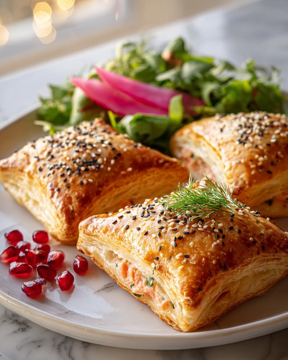 The image shows three golden-brown puff pastry pockets arranged on a white plate with a white marbled surface beneath. Each pastry has a shiny, flaky crust with multiple layers visible on the edge, sprinkled on top with black and white sesame seeds and small herb pieces. The filling inside appears creamy and pinkish, likely smoked salmon with herbs, visible through slightly open corners. A fresh green salad with leafy greens and bright pink pickled vegetables is placed behind the pastries, along with a small pile of shiny, red pomegranate seeds on the side. One pastry is garnished with a small sprig of fresh dill on top. The photo taken with an iphone --ar 4:5 --v 7