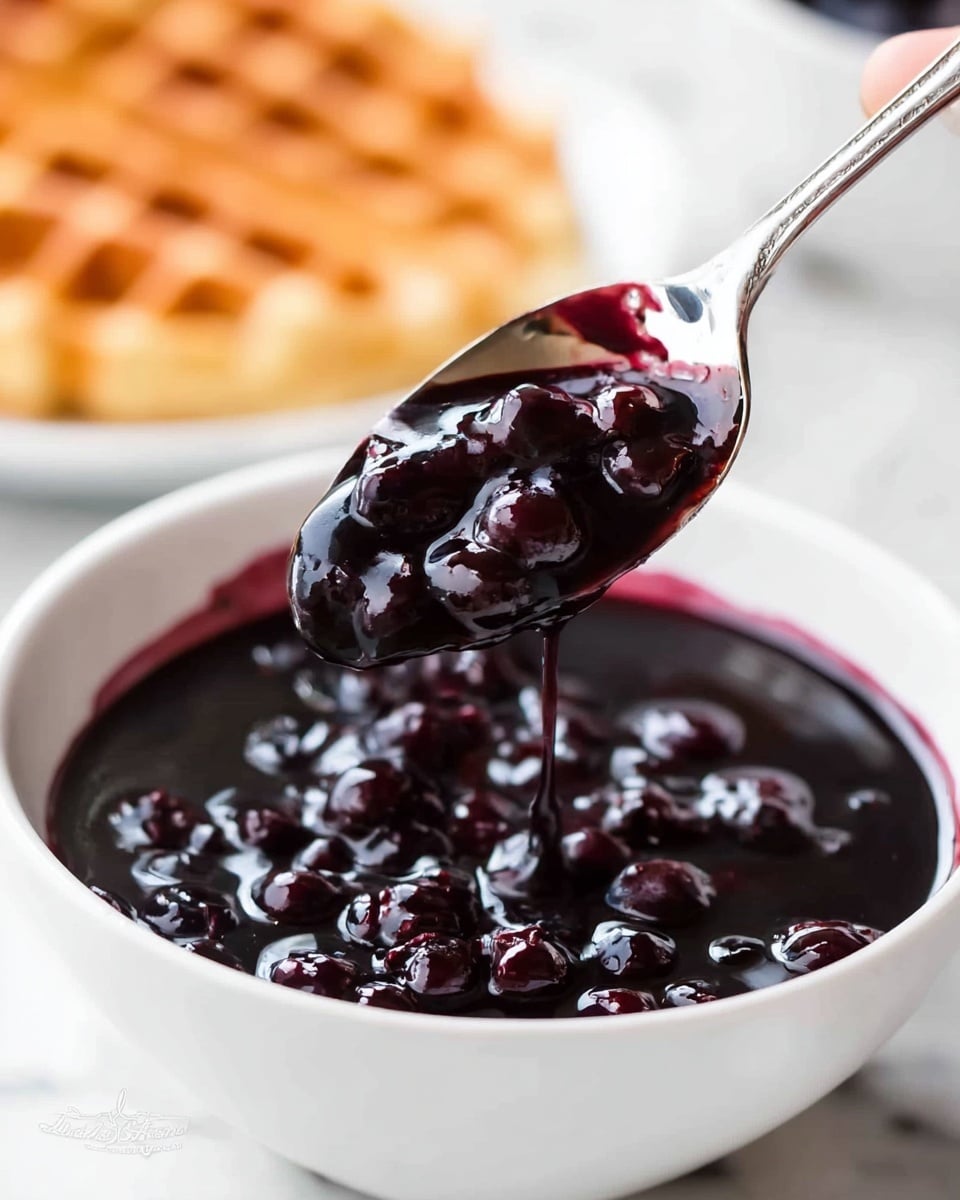 The image shows a stack of three golden brown pancakes on a white plate with a pat of butter melting on top. Red berry jam is dripping down the sides of the pancakes. Next to the plate is a white bowl full of fresh blueberries. On the right side, there is a glass jar filled with dark red berry jam sitting on a wooden board, with a spoon resting inside the jar covered in jam. A few blueberries are scattered on the board and white marbled surface in the background. photo taken with an iphone --ar 4:5 --v 7