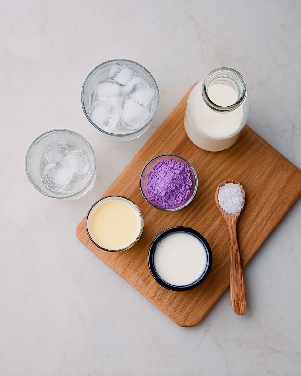 The image shows a wooden board placed on a white marbled surface, with six small glass cups and bottles arranged neatly on it. From top left is a clear glass filled with ice cubes, next to it is a glass cup with white milk, and to the right is an empty clear glass bottle. Below, there is a small glass cup with a creamy light yellow liquid, another small glass cup filled with vibrant purple powder, and a black-rimmed cup with white cream. At the bottom right corner of the wooden board is a wooden spoon holding white salt crystals. The colors, shapes, and textures are simple and clean, with a calm and fresh look. photo taken with an iphone --ar 4:5 --v 7