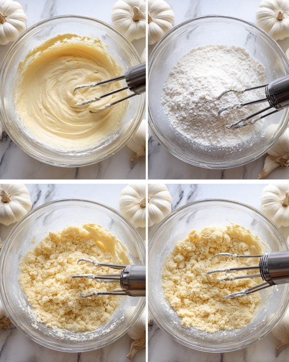 Three side-by-side images show the progress of mixing dough in a clear glass bowl set on a white marbled surface. The first image displays a creamy, light yellow mixture being beaten by a metal hand mixer with two beaters sitting inside the bowl. The second image shows white flour and baking powder piled on top of the creamy mixture in the bowl. The third image reveals a crumbly dough with a pale yellow color, with the same metal beaters resting on the right side of the bowl. The background includes white pumpkins and garlic near the top corners. Photo taken with an iphone --ar 4:5 --v 7
