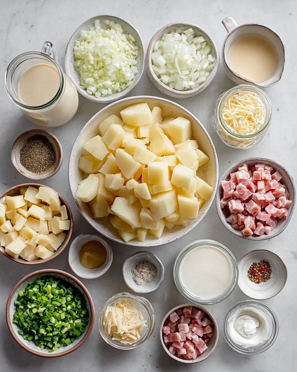 The image shows many ingredients placed neatly on a white marbled surface. In the center, there is a large bowl filled with peeled and chopped light yellow potatoes. Around it, there are smaller white bowls holding diced white onions, chopped green onions, shredded pale yellow cheese, small cubes of light yellow butter, and small pieces of pink and white diced bacon. There are also glass jars holding a creamy white liquid, a clear white liquid, and a golden-brown liquid. Small bowls contain minced garlic, ground black pepper, salt, and creamy white sour cream. The items create a balanced arrangement with soft colors and clear textures. photo taken with an iphone --ar 4:5 --v 7