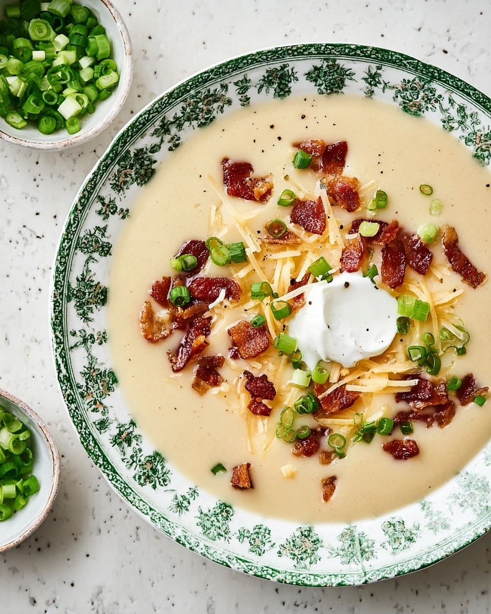A detailed view of a bowl of creamy beige soup with a smooth texture fills most of the frame. On top, there are scattered small pieces of crispy reddish-brown bacon, bright green chopped scallions, pale yellow shredded cheese, and a round dollop of white sour cream positioned slightly to the right of center. The soup is served in a white bowl with a green floral pattern around the rim. In the upper left corner, there is a small white bowl containing green chopped scallions. The background is a white marbled surface. Photo taken with an iphone --ar 4:5 --v 7