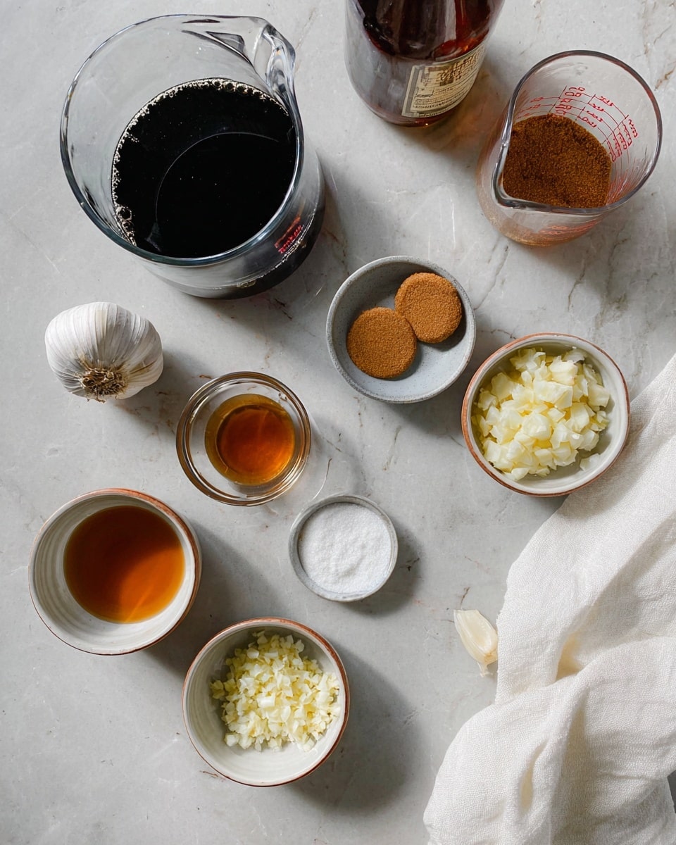 The image shows multiple small clear glass and ceramic bowls arranged neatly on a white marbled surface. There are two clear glass bowls: one contains two pressed brown sugar discs, and the other holds a small amount of light brown powder. A small clear bowl holds a dark amber liquid, while another small clear bowl contains a fine white powder. Two small white ceramic bowls with brown rims hold chopped ingredients; one has finely chopped white garlic, the other has finely chopped light yellow ginger. Near the top, a glass pitcher is filled with a dark black liquid, and below it is a glass measuring cup with a pour spout holding an orange-brown liquid. A whole bulb of garlic and a glass bottle with a dark liquid and reddish label are partially visible on the edge. A white cloth napkin with soft folds is placed on the right side. The setup has a clean, organized look, with soft natural light. photo taken with an iphone --ar 4:5 --v 7