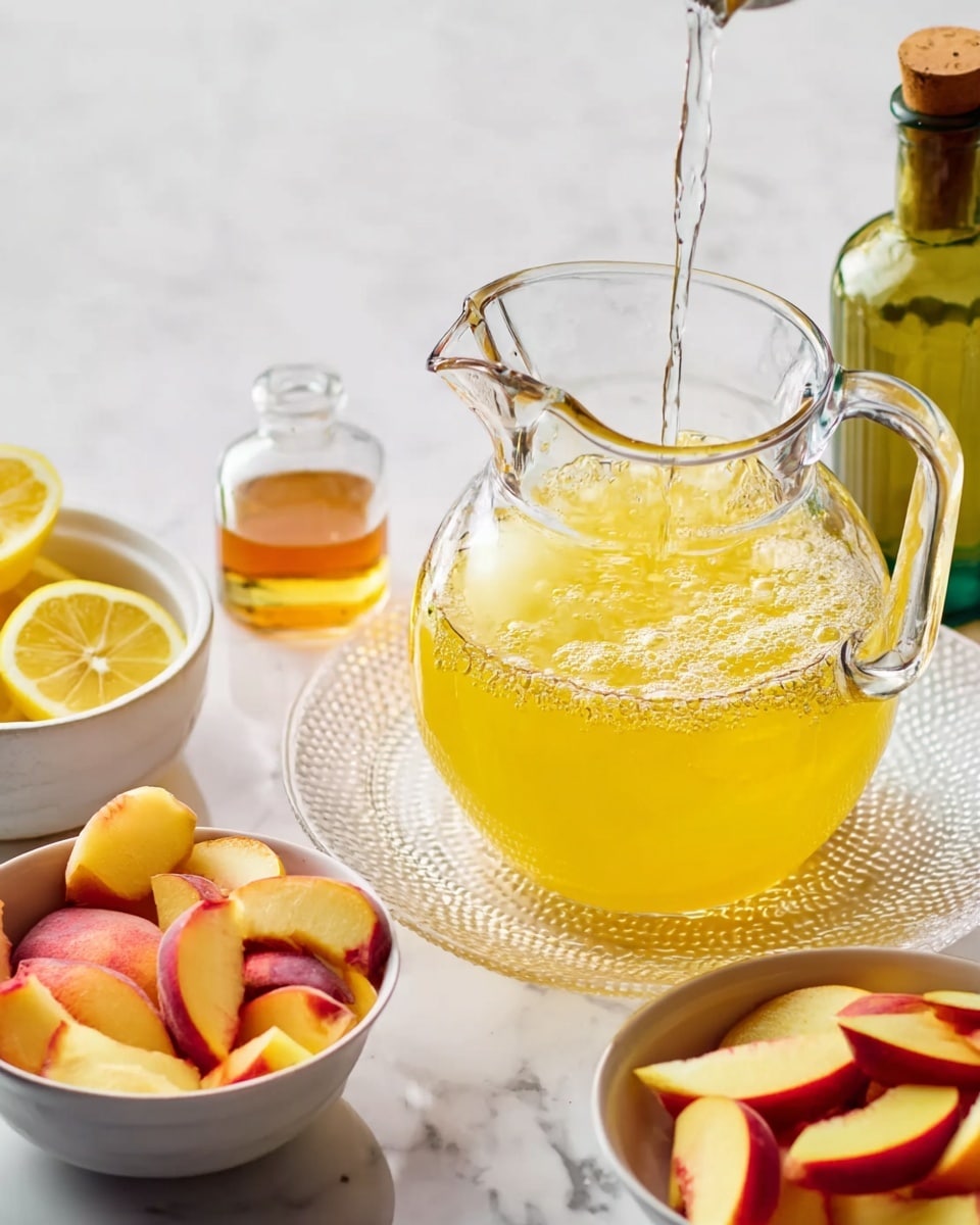A clear glass pitcher is being filled with a bright yellow liquid that has bubbles on its surface, set on a clear glass plate. Around it, there are white bowls holding thin slices of red and yellow fruit: one bowl contains red-skinned peach slices, and another has lemon slices. To the left, a small glass container holds a brownish liquid beside a greenish bottle with a wooden stopper. The entire scene is on a white marbled surface. photo taken with an iphone --ar 4:5 --v 7