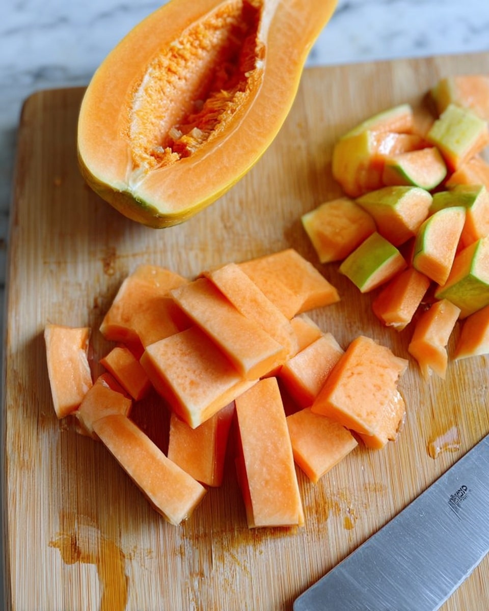 The image shows an orange papaya sliced on a light wooden cutting board. One half of the papaya is placed on the left side, with the seed cavity visible. Several pieces of peeled papaya are sliced into rectangular chunks in the middle of the board. To the right, there is another pile of papaya peel and slices with green edges near a large silver knife placed horizontally. The wooden cutting board has some liquid spots around the slices. The background surface is a white marbled texture. photo taken with an iphone --ar 4:5 --v 7