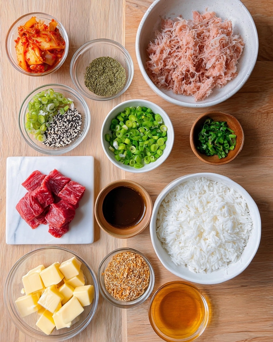 This image shows a flat lay of various ingredients arranged neatly on a light wood surface. There is a white bowl filled with uncooked white rice in the middle right, next to a white bowl with shredded light pink tuna above it. Around these, there is a small round bowl with chopped green onions, a brown bowl with diced green peppers, and a small glass bowl filled with a dark brown sauce. In the bottom left corner, a clear bowl holds cubes of pale yellow butter next to a square white plate with thin slices of raw red meat. Additional small bowls hold a mix of black and white sesame seeds with green flakes, bright orange-red seasoning, green herbs, salt, and a small cup of liquid honey or syrup. There is also a clear bowl with reddish-orange kimchi and a small bowl with light orange liquid. The whole scene is set on a white marbled texture. photo taken with an iphone --ar 4:5 --v 7