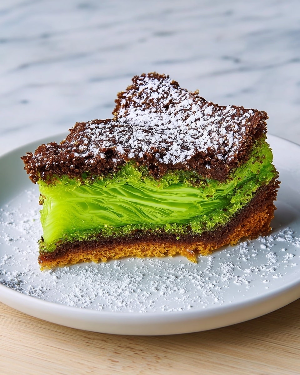 A slice of cake with three visible layers sits in the middle of a white plate on a white marbled surface. The bottom layer is a firm, golden-brown crust that supports the middle layer, which is a bright neon green jelly-like filling with a fibrous texture, looking soft and shiny. The top layer is a dark brown cake layer, slightly rough in texture, and is sprinkled with white powdered flakes on top that also scatter around the plate. The cake slice appears moist and fresh, with a mix of sharp and soft textures. Photo taken with an iphone --ar 4:5 --v 7