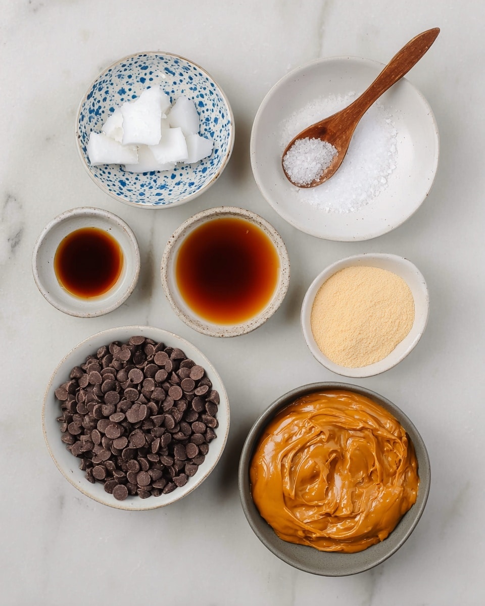 Seven small bowls and one wooden spoon are arranged on a white marbled surface. At the top left is a white bowl with blue spots holding solid white coconut oil. Next to it on the right is a small white bowl with a wooden spoon resting on it, filled with coarse white salt. Below the coconut oil bowl is a white bowl with dark amber liquid. To its right is a smaller white bowl holding a dark brown liquid. Below these is a large white bowl filled with many small, dark brown chocolate chips. To the right of this bowl is another white bowl filled with pale yellow powder. Finally, at the right side of the image is a gray bowl filled with thick orange peanut butter. Photo taken with an iphone --ar 4:5 --v 7