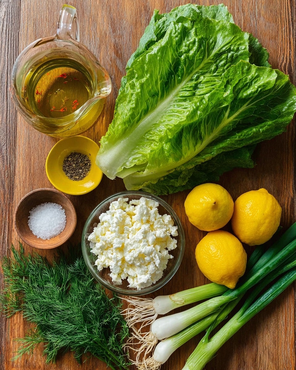 A collection of fresh salad ingredients arranged on a wooden surface, including a large green leafy romaine lettuce on the right, bright green scallions with white roots at the bottom right, two whole yellow lemons near the center, and a small glass bowl filled with white crumbly cheese at the bottom center. On the left side, there is a clear glass measuring cup filled with golden olive oil, a small yellow bowl with ground black pepper, and a small wooden bowl containing white salt. Fresh green dill sprigs lie at the bottom left, creating a fresh and vibrant feel. photo taken with an iphone --ar 4:5 --v 7