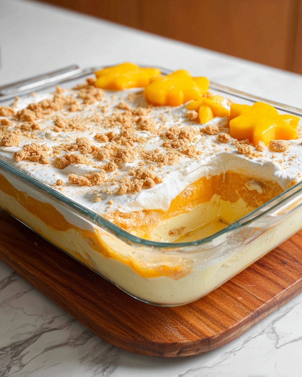 A glass dish with four layers of dessert is shown, resting on a wooden board with a white marbled surface beneath. The bottom layer appears to be a soft yellow base, topped by a thick layer of creamy white whipped topping. Above that is a bright orange layer, which is another creamy or custard texture. The top layer is a thick spread of white whipped cream sprinkled with crushed light brown biscuit crumbs. On one corner of the dish, there are several yellow fruit shapes resembling stars and flowers placed as decoration. The photo taken with an iphone --ar 4:5 --v 7