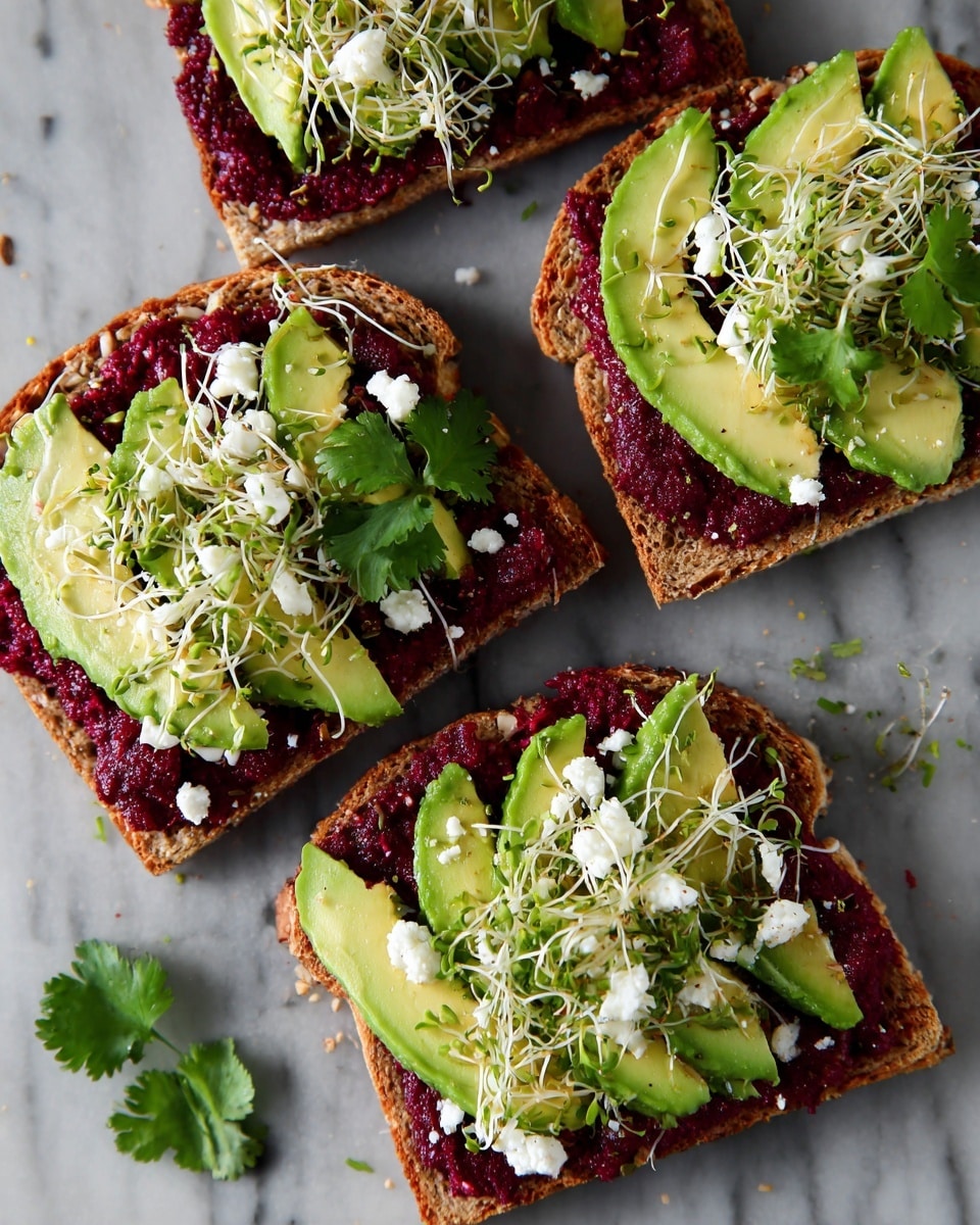 The image shows several slices of toasted whole grain bread, each topped with a layer of dark reddish beet spread, followed by soft, light green sliced avocado arranged in a slightly overlapping pattern. On top of the avocado, there are small white crumbles of cheese scattered evenly. The final layer consists of thin, white alfalfa sprouts covering the surface and fresh bright green cilantro leaves placed on top. The toasts are set on a white marbled surface visible in the background. photo taken with an iphone --ar 4:5 --v 7