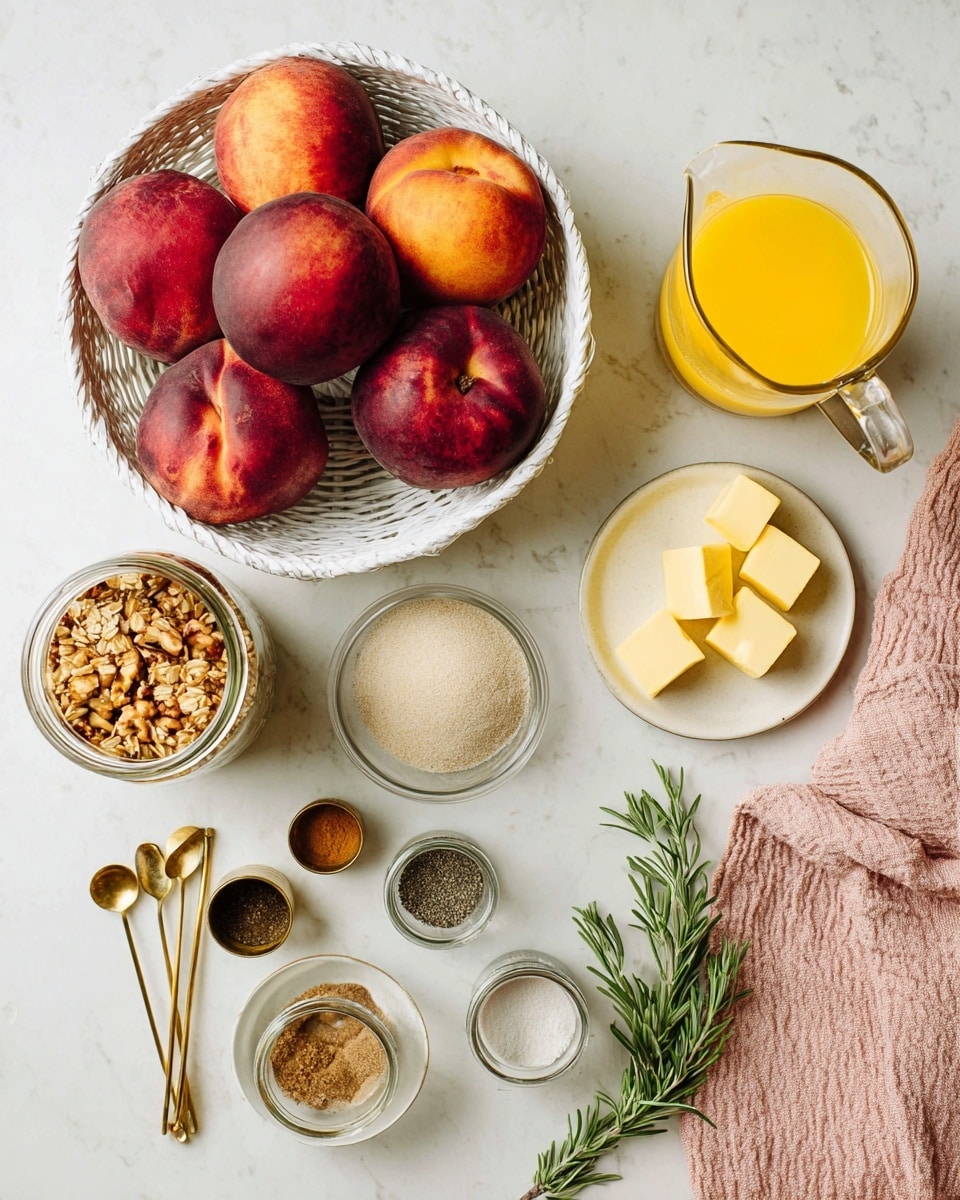 A top view of a white round basket filled with seven ripe peaches colored in deep red and bright orange. To the left of the basket, there is a clear glass jar with an open lid, filled with chunky light brown granola. Below the jar is a white bowl holding two piles of light beige sugar. Further down, there are golden measuring spoons and jars with ground spices in shades of brown and gray. On the right side of the image, there is a glass pitcher with bright yellow juice, and nearby on a white plate, several cubes of pale yellow butter. A green rosemary sprig and a soft pink textured cloth are placed towards the bottom right corner. Everything is set on a white marbled surface photo taken with an iphone --ar 4:5 --v 7