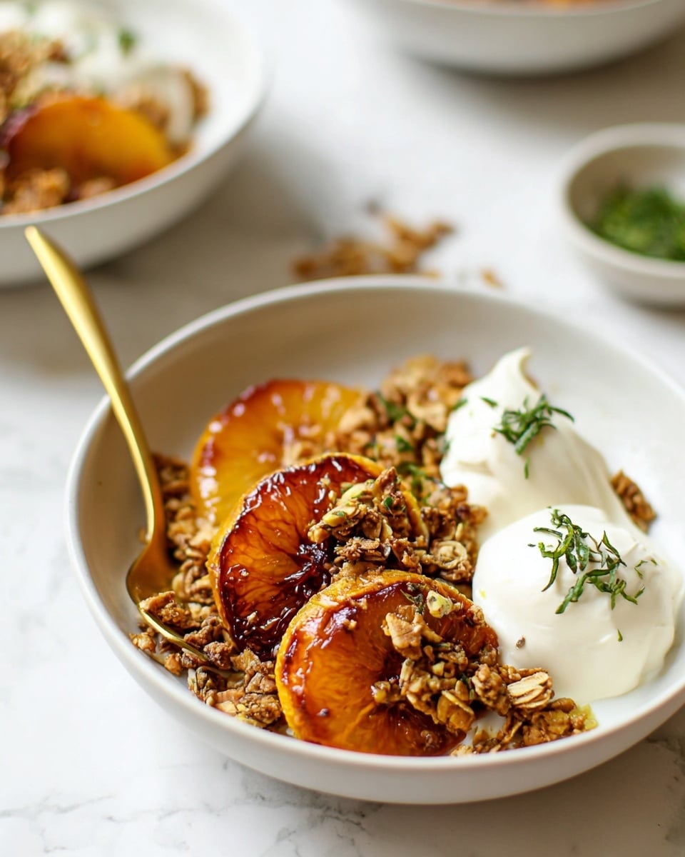 This image shows a white shallow bowl with three visible layers. The bottom layer has thick, shiny, caramelized orange slices with a slightly browned, crispy texture. On top of this is a layer of crunchy, light brown granola sprinkled unevenly over the orange slices. The top layer includes two dollops of smooth, white cream positioned on the right side, garnished with small green herbs. The bowl is placed on a white marbled surface, with a gold-colored spoon resting on the left side of the bowl. In the blurred background, there is another bowl with similar contents and a small white dish with green herbs. photo taken with an iphone --ar 4:5 --v 7