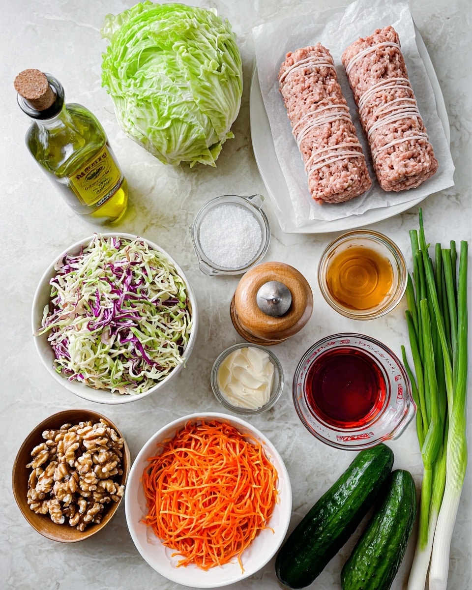 The image shows a white bowl with two thick layers of pale pink ground meat wrapped in thin white paper at the top left. Around it, there are several white bowls and containers holding different ingredients: bright orange shredded carrots in one bowl at the bottom left, light brown walnuts in another bowl next to it, and a mix of shredded green and purple cabbage in a large white bowl on the left side. Near the center top, there is a small glass container with a light creamy paste and a wooden bowl filled with white coarse salt. To the right of these, a glass measuring cup holds a deep red liquid, and next to it is another small glass bowl filled with a golden amber liquid. Above the liquids, a green bottle of olive oil and a wooden pepper grinder are placed on a white marbled surface. On the right side, there are three dark green cucumbers and a bunch of fresh green lettuce leaves. Long green onions are placed on the left side of the frame. The whole arrangement is set on a white marbled background. Photo taken with an iphone --ar 4:5 --v 7