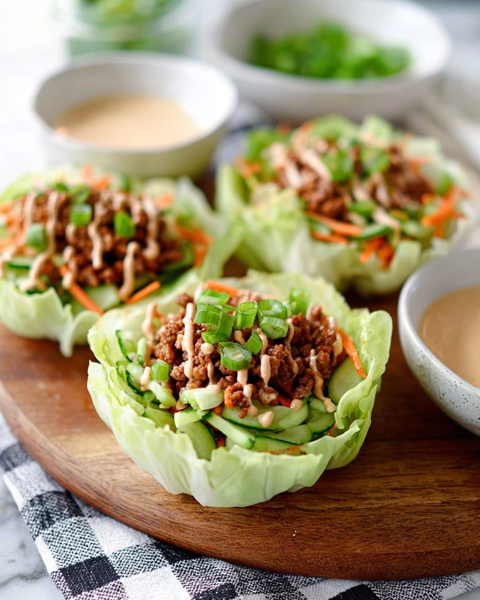There are three cabbage cups placed on a wooden board, each cup built from multiple light green cabbage leaves forming the base. On top, the first layer inside the cups is finely chopped green cucumbers and shredded orange carrots. Above this is a layer of brown cooked minced meat drizzled with a light beige creamy sauce. Garnishing the top are small, bright green chopped scallions. In the background, white bowls hold additional green herbs and a light beige sauce, all set on a white marbled surface with a black-and-white checkered cloth partially visible. photo taken with an iphone --ar 4:5 --v 7