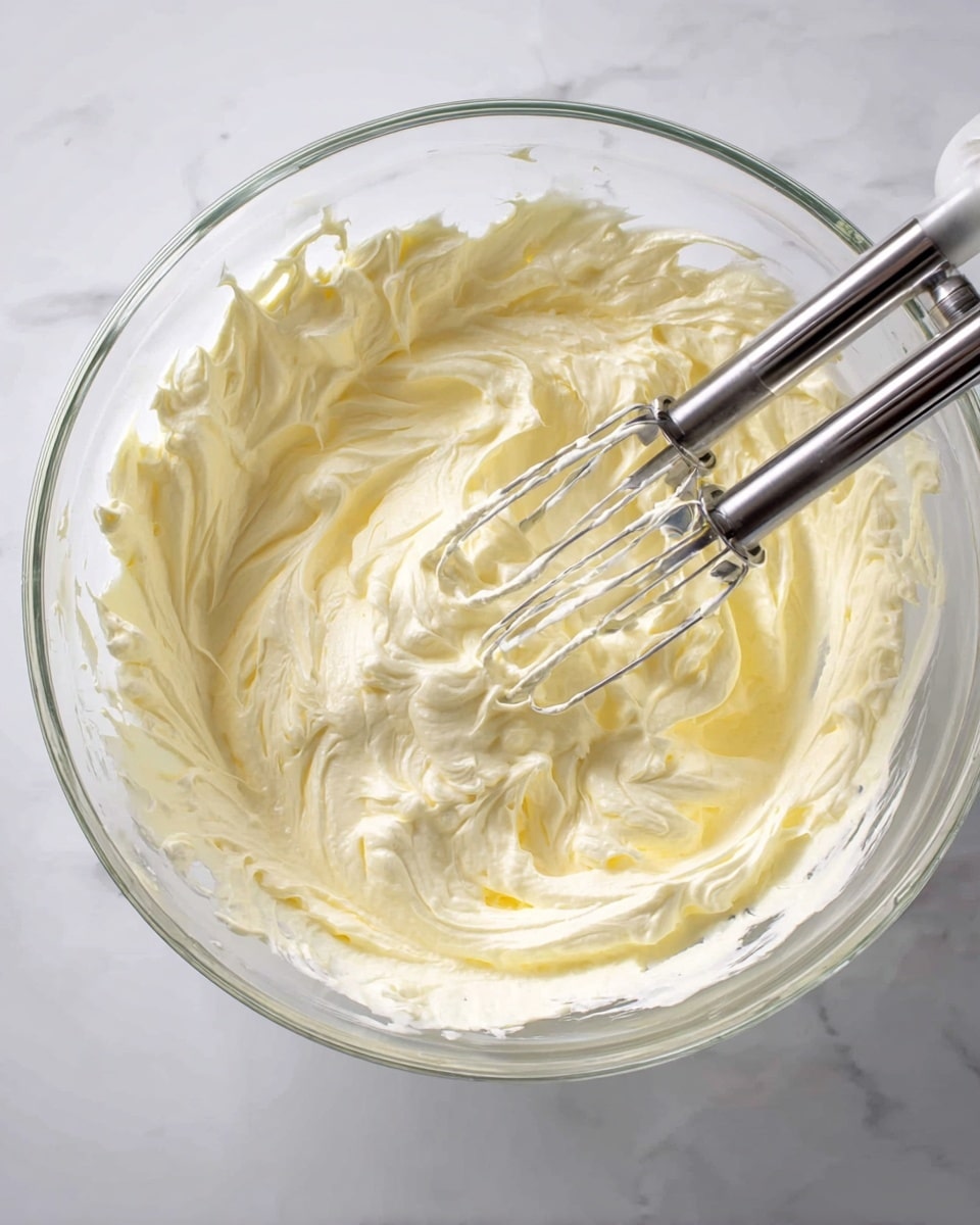 A clear glass bowl placed on a white marbled surface holds a thick, creamy mixture of pale yellow and white colors with a smooth and slightly fluffy texture. Two metal beaters from an electric mixer are partially submerged in the mixture, creating swirled patterns and peaks around them. The beaters have thin, shiny metal rods and are positioned next to each other in the center of the bowl. The creamy mixture covers the bottom and sides of the bowl with a soft, whipped look. Photo taken with an iphone --ar 4:5 --v 7