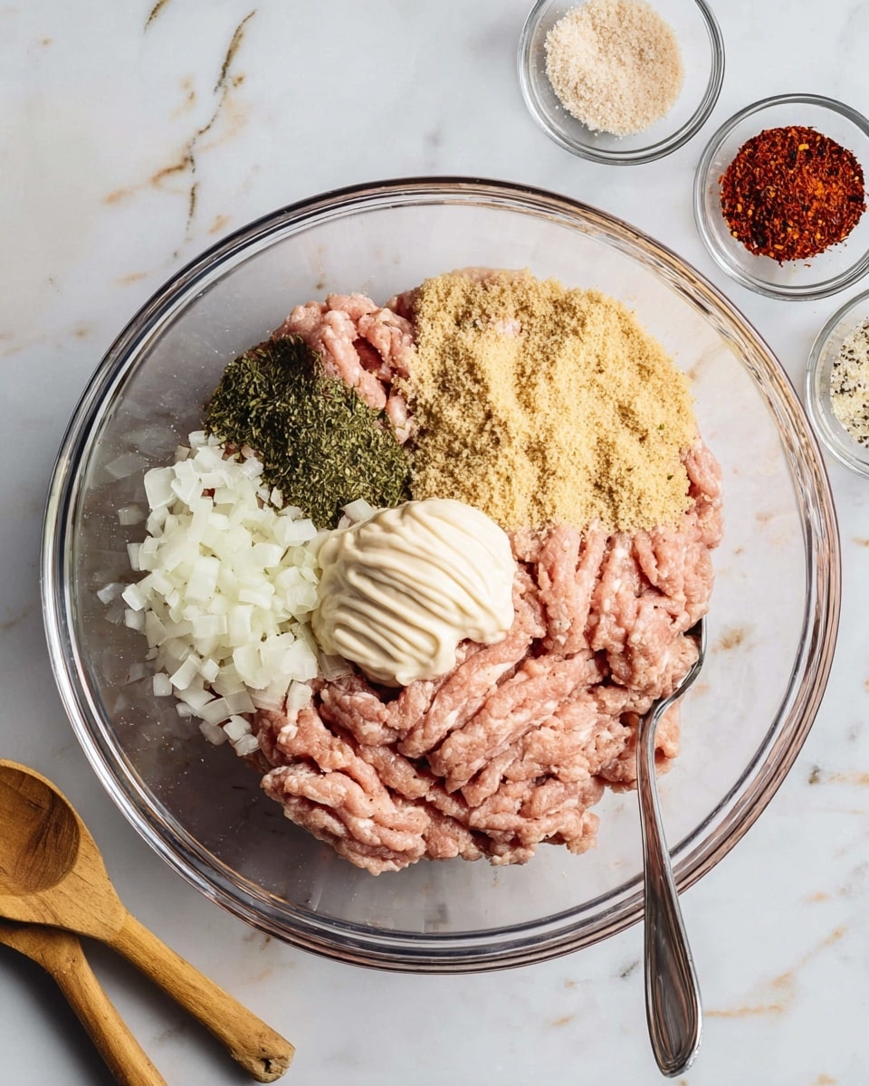 A large clear glass bowl sits on a white marbled surface, filled with several layers of raw ground meat in pale pink color at the bottom. On the right side of the meat, there is a small pile of dark green dried herbs next to reddish crushed flakes. Above the meat, there is a heap of finely chopped white onions. A mound of light tan breadcrumbs is placed on the left side of the onions. In the center, a dollop of creamy white mayonnaise rests on top. A silver spoon is partially inserted on the right edge of the bowl, pointing outward. Around the bowl, small containers hold more breadcrumbs, salt with a small wooden spoon, and black pepper. photo taken with an iphone --ar 4:5 --v 7