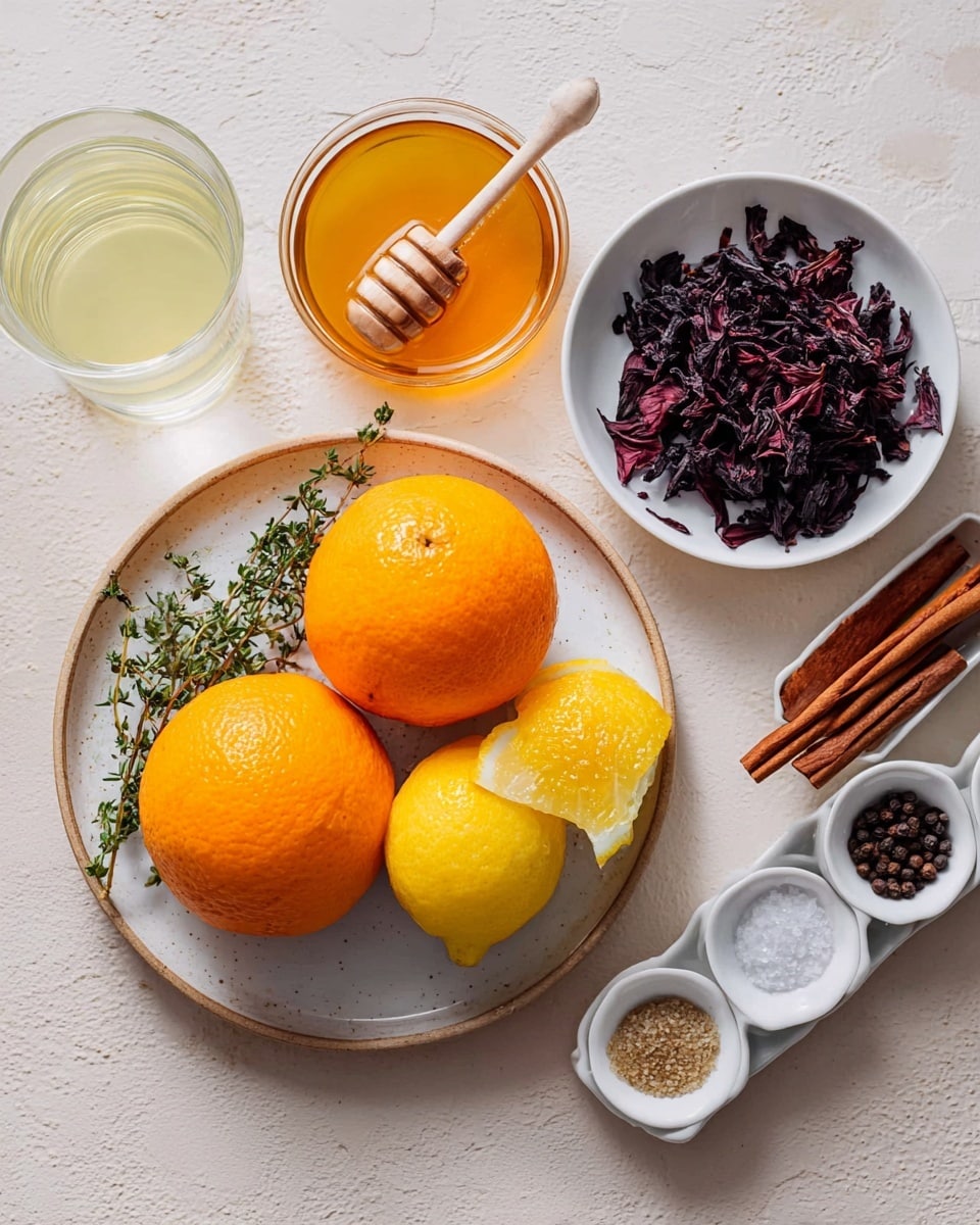 The image shows a white round plate with two bright orange oranges and two yellow lemons placed together, accompanied by a few sprigs of fresh green thyme also on the plate. Next to it, there is a small white bowl filled with dark purple dried hibiscus flowers. Near the top left, a clear glass cup holds golden honey with a wooden honey dipper resting inside. To the left of the plate, there is a glass container with light yellow juice. At the bottom left corner, a clear glass of water is visible. To the right, a white rectangular plate holds four cinnamon sticks, three small white bowls with whole peppercorns, and one white bowl filled with coarse salt. The entire setup rests on a white marbled textured surface. photo taken with an iphone --ar 4:5 --v 7