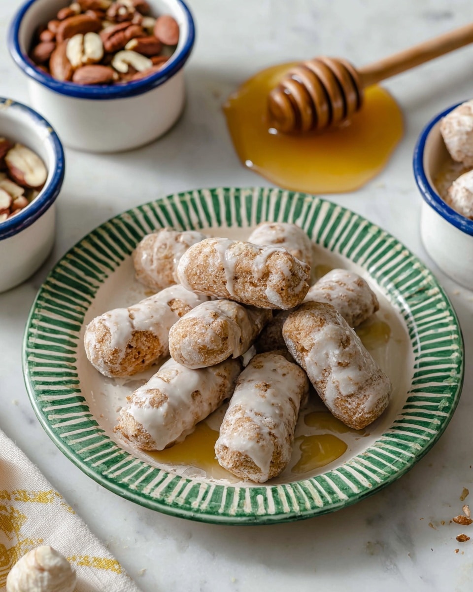 The image shows a white plate with a green striped pattern around the edge holding several small, thick, cylindrical pastries covered in a light white glaze. The pastries have a rough texture visible under the glaze. Around the plate, there are two white bowls with blue rims, one with nuts and the other with a wooden honey dipper dripping golden honey on a white marbled surface. The scene is bright and casual, with a clean white marbled background. photo taken with an iphone --ar 4:5 --v 7