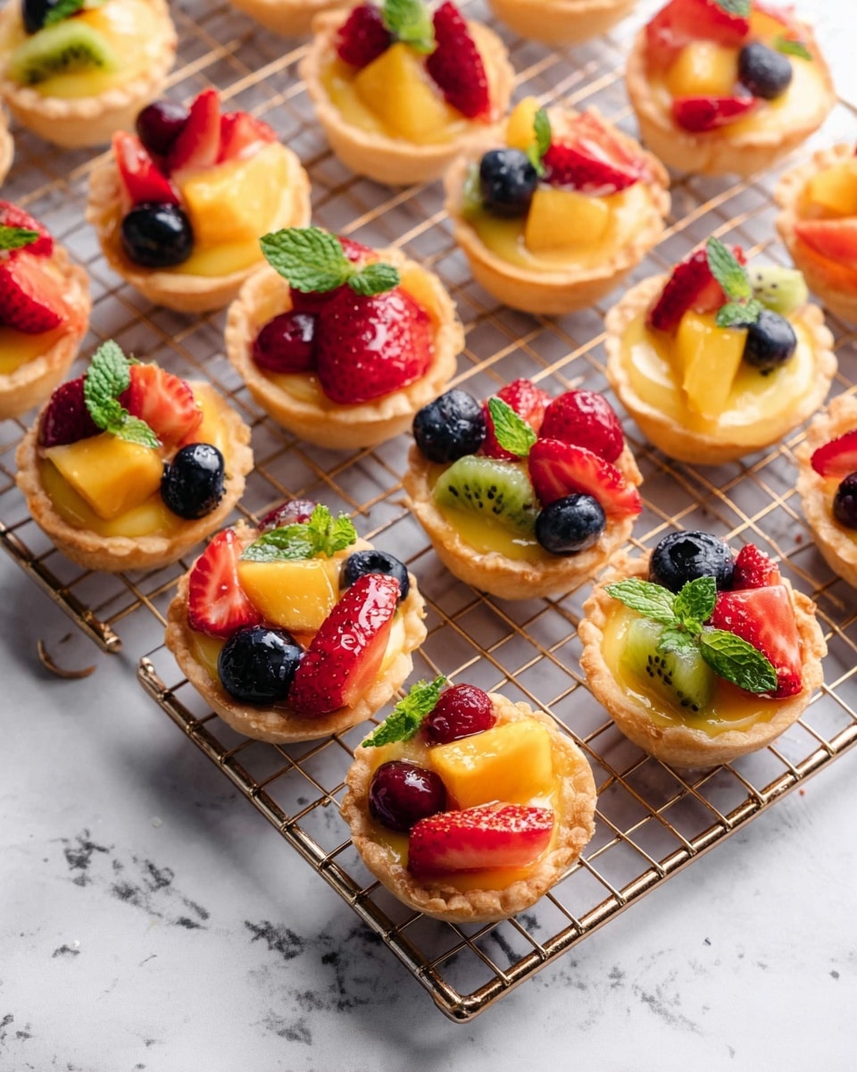 A grid of small tartlets arranged closely on a metal cooling rack above a white marbled surface; each tartlet has a light golden-brown crust as the base layer filled with a shiny pale yellow custard layer, topped with a mix of colorful fruit pieces like red strawberries, blueberries, green kiwi, orange peaches, and deep red cherries, some garnished with small fresh green mint leaves; the fruits are cut into small chunks and spread evenly, giving a fresh and vibrant look; soft natural light highlights the fresh texture of the fruits and glossy custard, capturing a bright and inviting food scene photo taken with an iphone --ar 4:5 --v 7