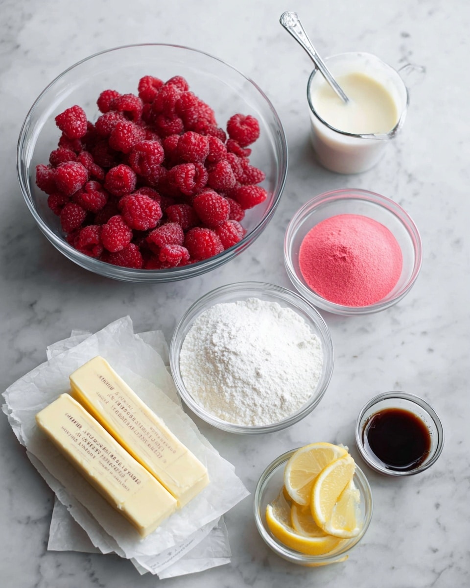 The image shows six clear glass bowls and two sticks of butter on white wrappers arranged on a white marbled surface. One large bowl is full of red raspberries with a rough texture, next to a smaller bowl of powdered white sugar with a soft fine texture in the center. Another small bowl contains bright pink powder with a silver spoon in it, placed to the upper right. A tiny clear bowl with dark brown vanilla is near the bottom right. Two lemon wedges with a smooth yellow skin and white inside are next to the vanilla. Behind the sugar bowl, there is a small black measuring cup filled with creamy white liquid. Two sticks of butter with a smooth pale yellow surface rest on partially opened wrappers on the lower left. photo taken with an iphone --ar 4:5 --v 7