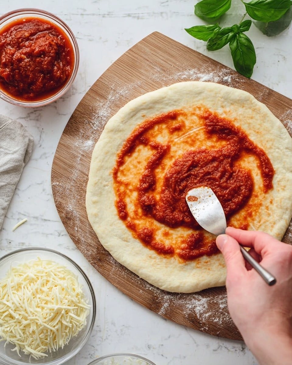 A woman's hand is holding a silver spoon spreading red tomato sauce over a flat, round, light beige pizza dough placed on a wooden pizza peel. To the left, there are two clear glass bowls, one with red tomato sauce and one with white shredded cheese. The background is a white marbled surface with a few green basil leaves to the right side. Photo taken with an iphone --ar 4:5 --v 7