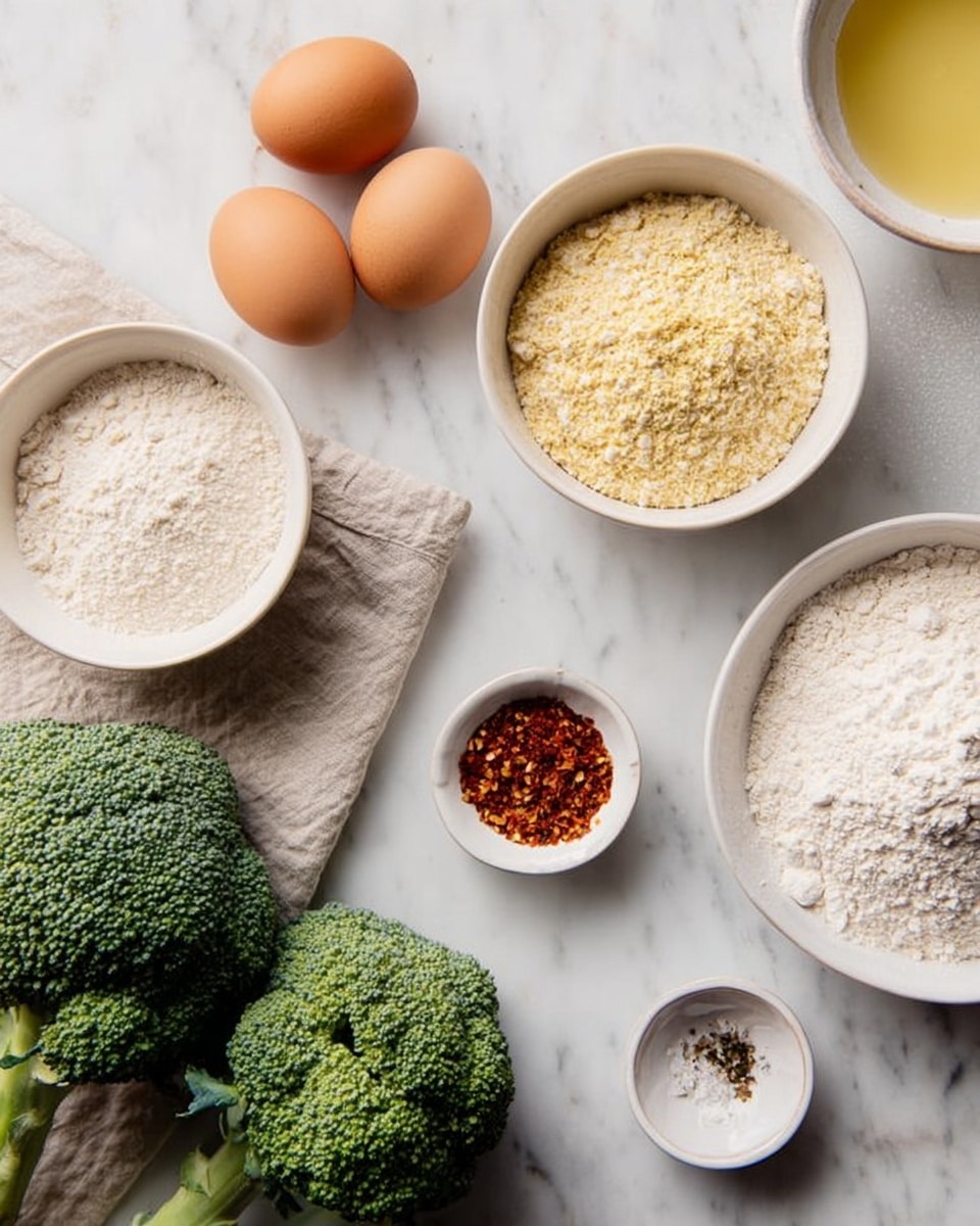 A flat lay of baking ingredients arranged on a white marbled surface, featuring three brown eggs placed near a beige cloth. There are four white bowls: one large filled with light beige flour, one medium with pale yellow nutritional yeast flakes, a small one containing beige flour, and another small bowl holding mixed seasonings of red chili flakes, black pepper, and white salt. Additionally, a white bowl with whisked yellowish liquid sits in the corner, and two heads of vibrant green broccoli rest on the surface. Photo taken with an iphone --ar 4:5 --v 7